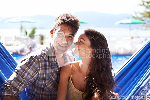 Image of Couple, hammock relax at holiday resort for summer vacation in Hawaii for honeymoon, bonding or love. Man, woman and lodge pool at tropical paradise or hotel for resting, travel or beach break