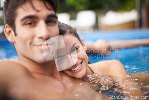 Image of Happy couple, portrait and swimming pool for travel break or Hawaii vacation for honeymoon, bonding or stress relief. Man, woman and embrace for hotel weekend in summer for trip, outdoor or peace