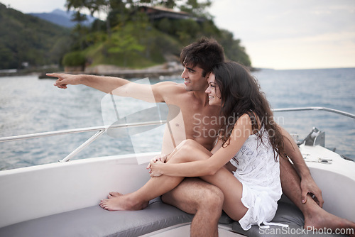 Image of Couple, boat and travel on ocean on vacation, love and relax by water on summer holiday. People, cruise and bonding for relationship in outdoors, support and care on weekend trip to sea on yacht