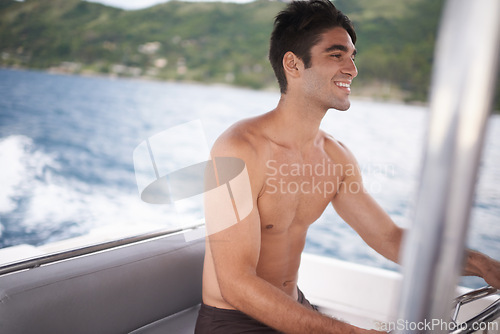 Image of Man, boat and sailing on ocean for relax vacation in Hawaii or explore coast on tropical island, adventure or transportation. Male person, speed and lake journey or voyage, paradise or navigation