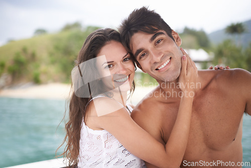 Image of Portrait, smile and couple at ocean on holiday, vacation or travel together outdoor in Italy. Face, man and happy woman at sea for adventure, care and connection in summer by water in nature for love