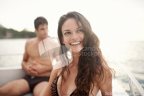 Image of Woman, thinking and boat with man, ocean journey for happy vacation and travel in Italy. Dream, memory and remember romantic adventure for love, bonding and trust in relationship with transport