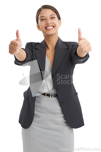 Image of Business woman, yes and thumbs up in studio for achievement, support and like emoji or success. Portrait of professional employee or lawyer with good job, okay or feedback on a white background