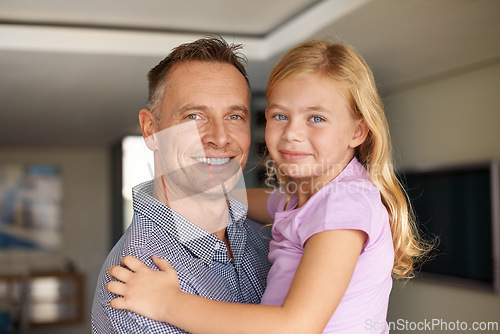 Image of Daughter, dad and portrait for embrace, family and home with smile and playtime with hug. Father, little girl and happy for joy, care and child development with joy and love at house together