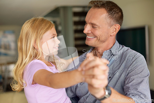 Image of Daughter, step dad and dance for bonding, family and home with smile and playtime with hug. Father, little girl and happy for joy, care and child development with joy and love at house together
