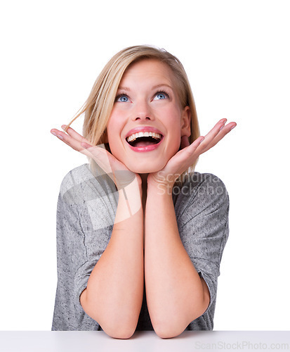 Image of Woman, surprised and happy in studio for deals, discount announcement and wow customer expression for sale. Notification, omg for good news and smile model on white background with mockup space