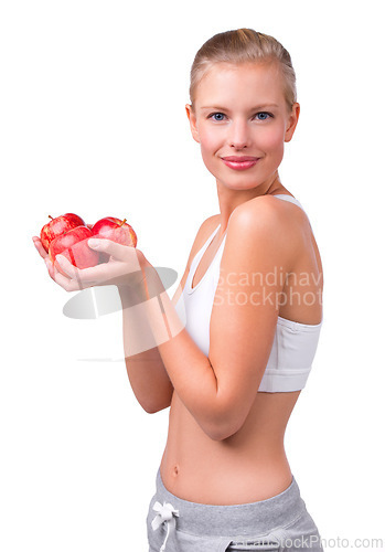 Image of Happy, portrait and woman with apple for nutrition benefits in diet on white background in studio. Girl, smile and eating fruit for detox of digestion and food with vitamin C and fiber for gut health