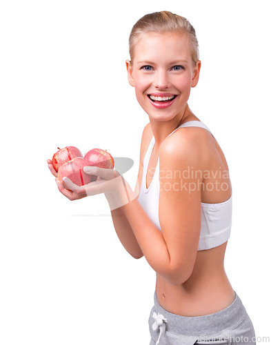 Image of Apple, nutrition and happy portrait of woman with benefits in diet on white background in studio. Girl, smile and eating fruit for detox of digestion and food with vitamin C and fiber for gut health