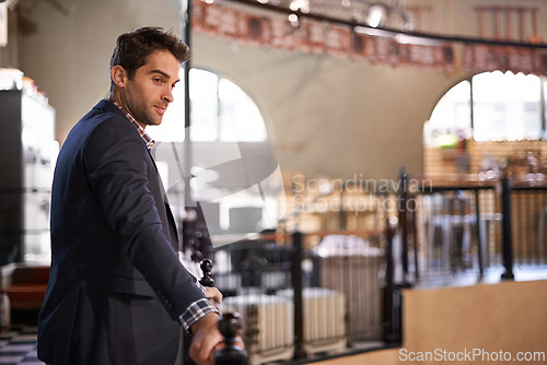 Image of Businessman, break or thinking in cafe to relax for daydreaming of opportunity and ideas. Entrepreneur, customer or confident person in coffee shop with vision in pub, restaurant or bar by railing