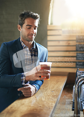 Image of Thinking, restaurant or businessman at pub with beer or beverage to relax at social time or event. Hospitality industry, entrepreneur or male customer at diner or bar and enjoying alcohol cider drink