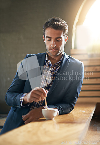 Image of Coffee, cafe or businessman on break to relax on lunch for cup of espresso or beverage on counter. Hospitality industry, professional entrepreneur or customer at restaurant with confidence or tea