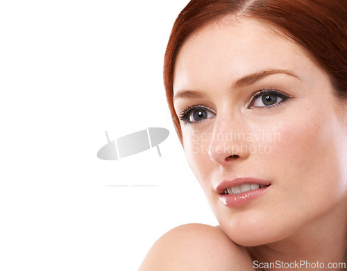 Image of Studio, happy woman and thinking of red hair of dye treatment, cosmetology and skincare for beauty with freckles. France model, idea and dermatology for makeup and collagen facial by white background