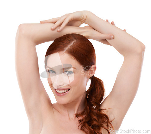 Image of Studio, happy woman and portrait with clean armpit of epilation and beauty with shaving by white background. France model, smile face and cleaning for body hair removal and skincare with dermatology