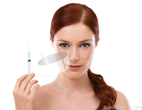 Image of Woman, portrait and injection syringe or filler cosmetics for anti aging dermatology, plastic surgery or white background. Female person, needle and facelift or wrinkles in studio, cosmetic or mockup