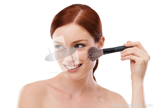 Image of Beauty, face and model with makeup, brush and cosmetic on isolated white background. Smile, cosmetology and skincare for aesthetic, self care or wellness with tools for foundation or powder blush