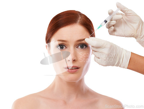 Image of Woman, portrait and hands or filler injection in face or anti aging skincare procedure, dermatology or plastic surgery. Female person, transformation and syringe or studio, mockup or white background