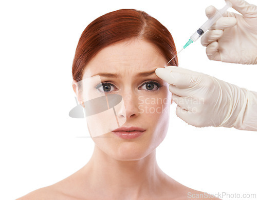 Image of Woman, portrait and hands or botox syringe or anti aging skincare procedure, wrinkles or plastic surgery. Female person, scared and needle or forehead injection or studio, mockup or white background