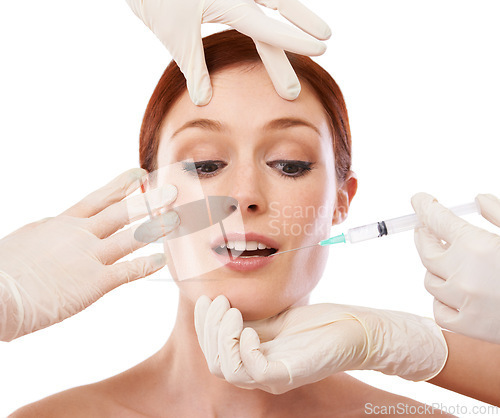 Image of Woman, hands and filler injection in lips or anti aging skincare procedure, dermatology or plastic surgery. Female person, fingers and syringe needle or facelift at studio, mockup or white background