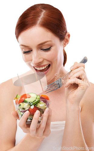Image of Woman, salad and healthy eating or excited in studio or nutrition vegetables or diet, wellbeing or white background. Female person, dinner and vegan snack or wellness lunch, lose weight or mockup
