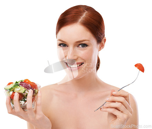 Image of Woman, salad and healthy eating as portrait in studio or nutrition vegetables for diet, wellbeing or white background. Female person, dinner and vegan snack for wellness lunch, lose weight or mockup