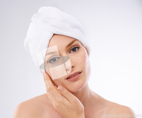 Image of Calm, woman and portrait of skincare with beauty and healthy dermatology in studio background. Girl, relax and model with glow or shine on skin from facial, cosmetics or benefits of self care