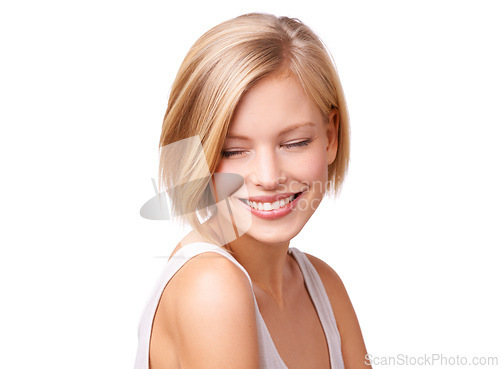 Image of Face, skincare and smile with aesthetic woman in studio isolated on white background for self care. Beauty, wellness and satisfied with happy young person at salon for cosmetics or dermatology