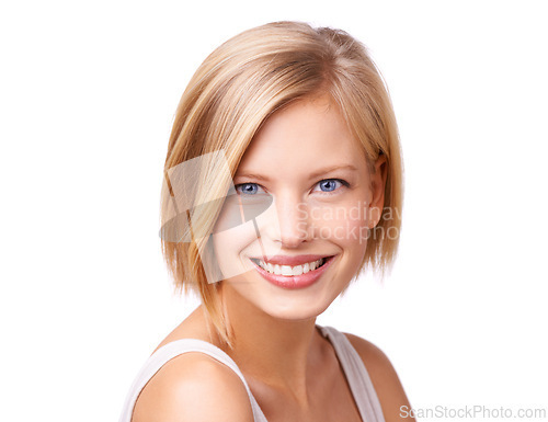 Image of Portrait, skincare and smile with blue eyes woman in studio isolated on white background for self care. Face, beauty and satisfied with happy young person at salon for cosmetics or dermatology