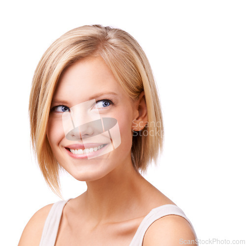 Image of Skincare, makeup and thinking with aesthetic woman in studio isolated on white background for self care. Face, beauty and idea with confident young person at salon for cosmetics or dermatology