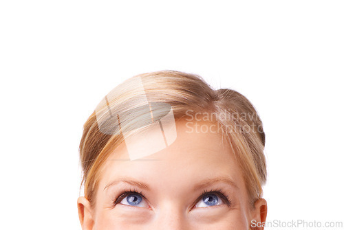 Image of Thinking, ideas and woman in studio with mockup space for advertising, promotion or marketing. Planning, problem solving and half face of person with brainstorming expression by white background.