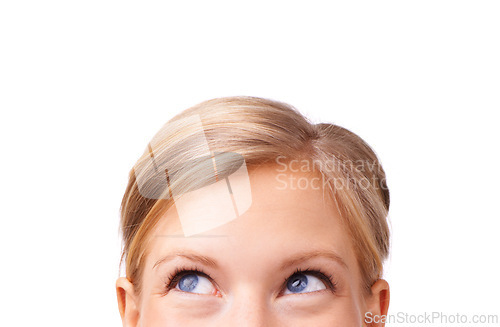 Image of Thinking, eyes and woman in studio with mockup space for advertising, promotion or marketing. Ideas, problem solving and half face of person with brainstorming expression by white background.