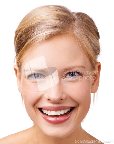 Image of Smile, beauty and portrait of woman in studio with skincare, natural and face routine for wellness. Happy, cosmetic and female person from Canada with facial dermatology treatment by white background