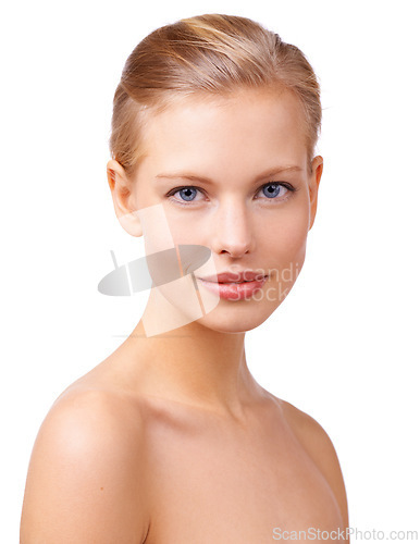 Image of Beauty, portrait and woman in studio with natural, skincare and face routine for wellness. Health, cosmetic and young female person from Canada with facial dermatology treatment by white background.