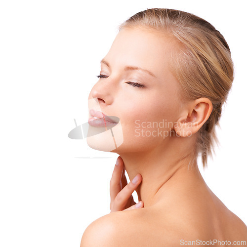 Image of Happy woman, skincare and makeup cosmetics for beauty or facial treatment on a white studio background. Calm female person or model in relax or satisfaction for soft skin or hygiene on mockup space