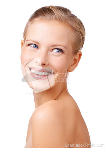 Image of Happy woman, face and skincare with makeup for cosmetics, beauty or facial treatment on a white studio background. Young female person or model with smile in satisfaction for salon, spa or hygiene