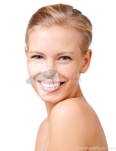 Image of Happy woman, portrait and skincare with makeup for beauty, cosmetics or facial treatment on a white studio background. Young female person or model with smile in satisfaction for salon, spa or face