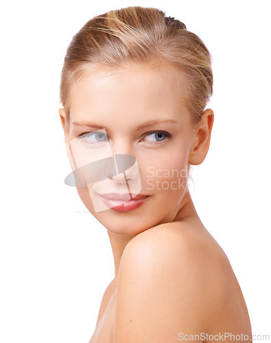 Image of Skincare, beauty and wellness with face of model in studio isolated on white background for makeup. Salon, aesthetic and cosmetics with confident young woman at spa for natural dermatology treatment