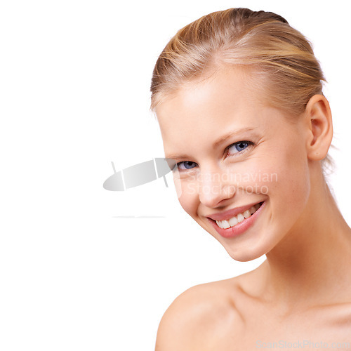 Image of Happy woman, portrait and makeup with beauty in skincare or salon treatment on a white studio background. Face of young female person or model with smile in satisfaction for facial on mockup space