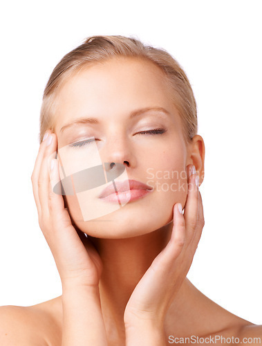 Image of Calm woman, makeup and relax with beauty for cosmetics, facial treatment or skincare on a white studio background. Face of young female person or model in satisfaction for soft skin or wellness