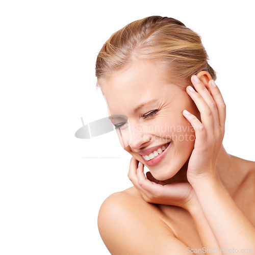 Image of Happy woman, makeup and beauty with skincare, cosmetics or facial treatment on a white studio background. Face of young female person or model with smile in satisfaction for hygiene on mockup space