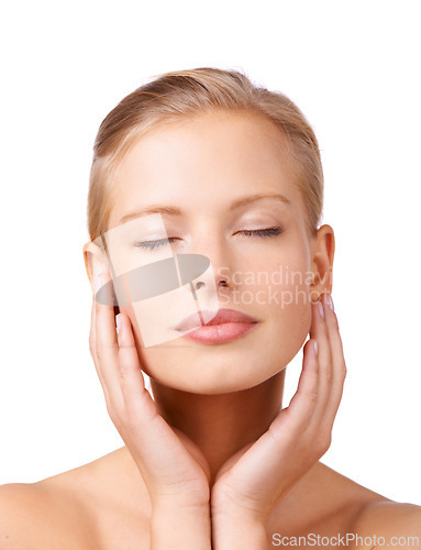 Image of Calm woman, relax and skincare with facial treatment for beauty, cosmetics or makeup on a white studio background. Face of young female person or model in satisfaction for soft skin or wellness