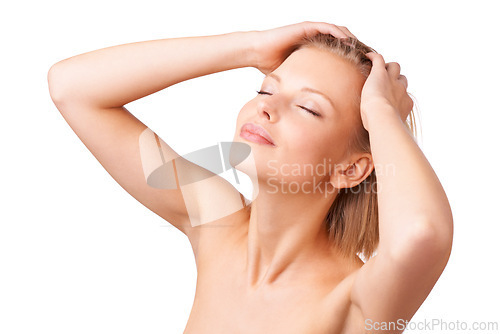 Image of Woman, relax and hygiene with natural beauty in skincare for facial treatment or salon cosmetics on a white studio background. Face of young female person, blonde or model in satisfaction or haircare