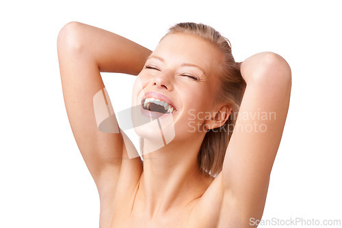 Image of Happy woman, relax and hygiene with natural beauty in skincare, facial treatment or salon on a white studio background. Face of young female person or model in satisfaction for haircare and cosmetics