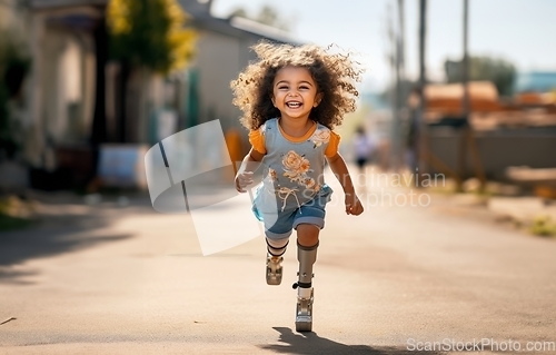 Image of A joyful girl runs through the sunny streets of the vibrant city, embracing the carefree spirit of childhood.Generated image