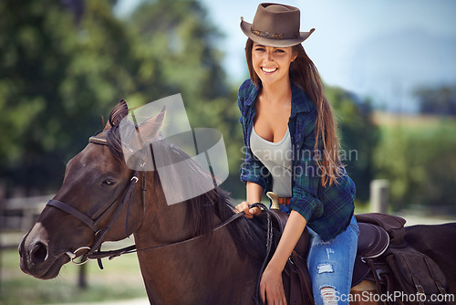 Image of Woman, portrait and horse or ranch environment in nature as equestrian for adventure,, training or cowboy hat. Female person, stallion and western cowgirl in Texas or countryside, outdoor or rural