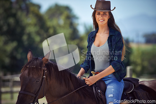 Image of Woman, portrait and horse or countryside ranch in nature as equestrian for adventure, training or cowboy hat. Female person, saddle and western cowgirl in Texas or farm environment, outdoor or rural