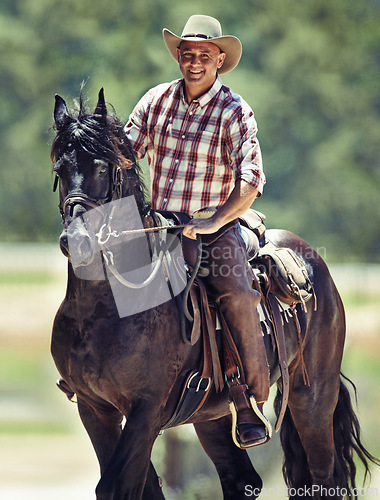 Image of Portrait, cowboy and man riding horse with saddle on field in countryside for equestrian or training. Nature, summer and smile with mature horseback rider on animal at ranch outdoor in rural Texas