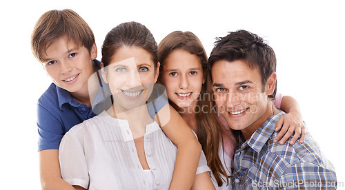 Image of Happy family, portrait and hug with kids for bonding, embrace or support on a white studio background. Face of mother, father and children with smile for love, care or trust on holiday or weekend