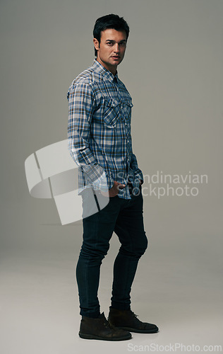 Image of Attractive man, portrait and fashion with style or shirt with patternon a gray studio background. Male person, adult or young model in casual clothing, stylish outfit or confidence on mockup space