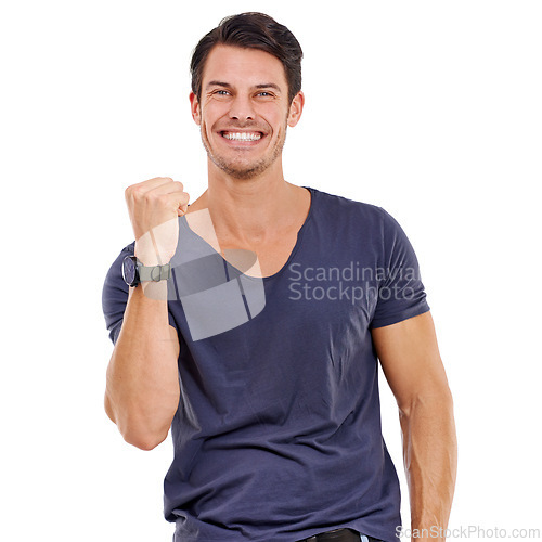 Image of Portrait, happy and man with fist pump for success, victory or winning in studio on mockup. Excited, male person and smile for celebration of achievement, good news or triumph on white background