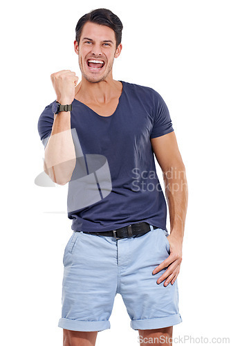 Image of Portrait, man or smile with fist pump for success, victory or winning in studio on white background. Excited, happy and male winner for celebration of fashion, achievement and triumph on mockup